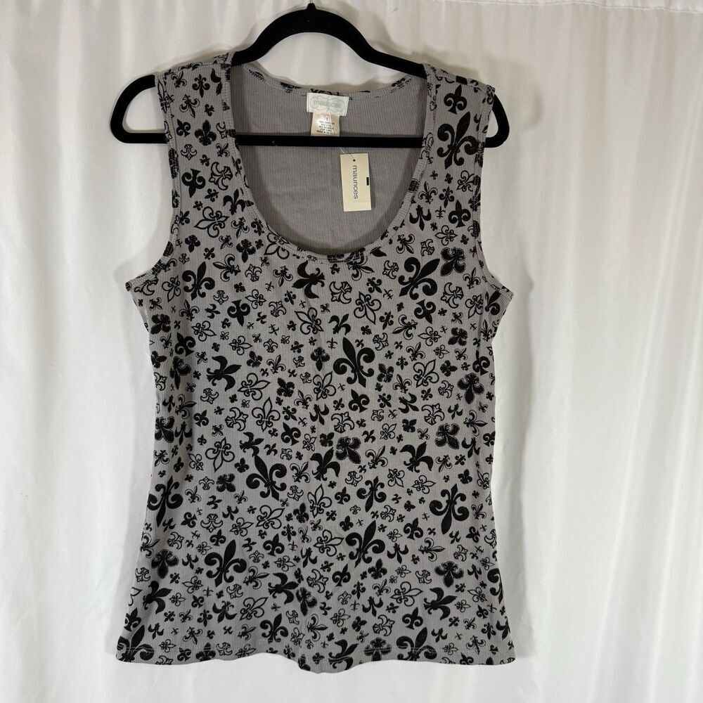 New Maurices Tank Top Women's 1 1X Grey Fleur de Lis Pattern Ribbed Round Neck
